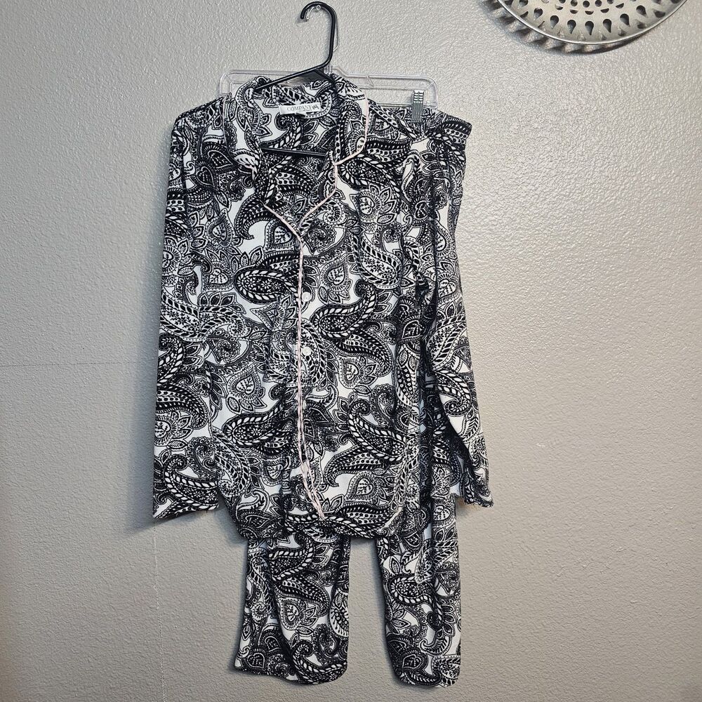 Company Ellen Tracy Womens L Paisley Pajama Set Black White Button Front V854